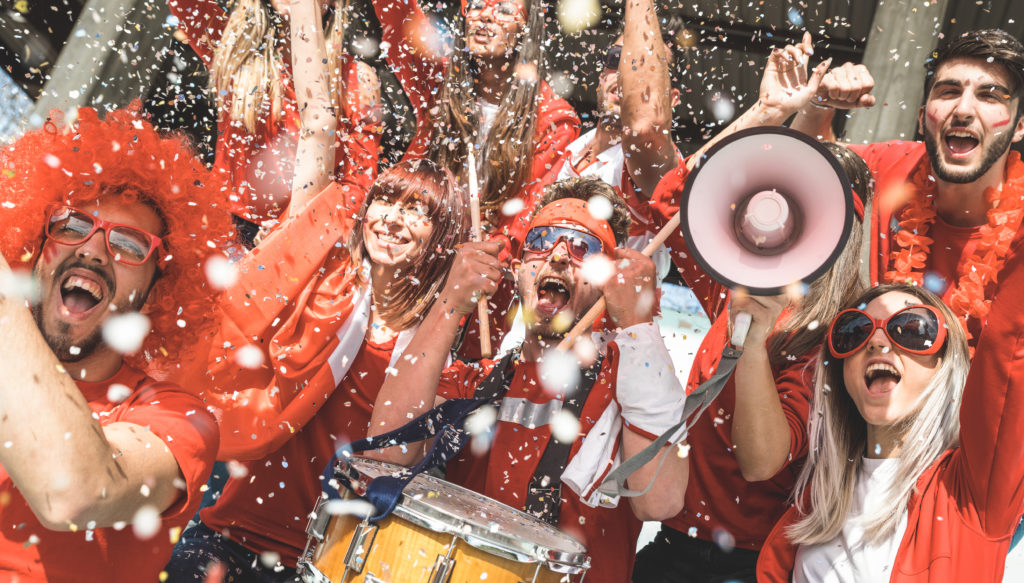 Football Supporter Fans Cheering With Confetti Watching Soccer Match